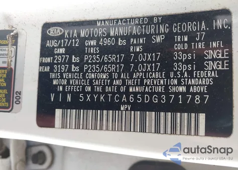 2013 Kia Sorento Lx из США, поврежденный, VIN 5XYKTCA65DG371787